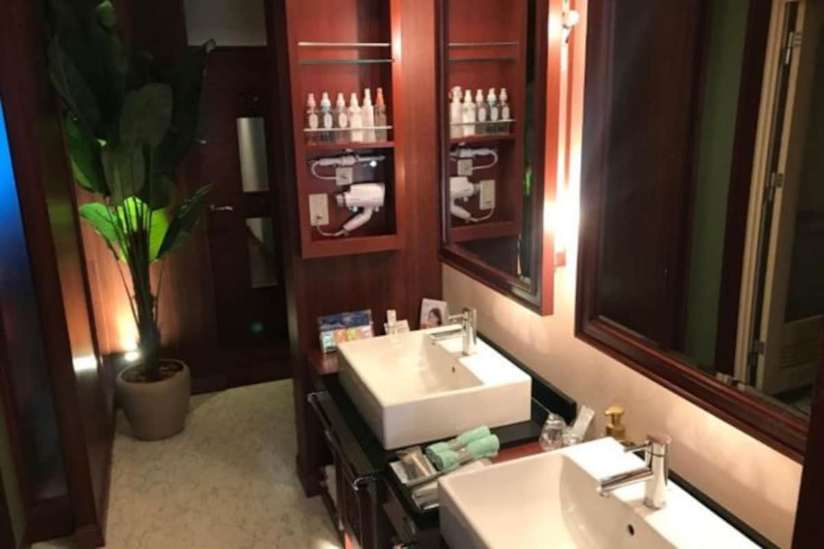 A bathroom with two sinks, a mirror, and a shelf with toiletries.