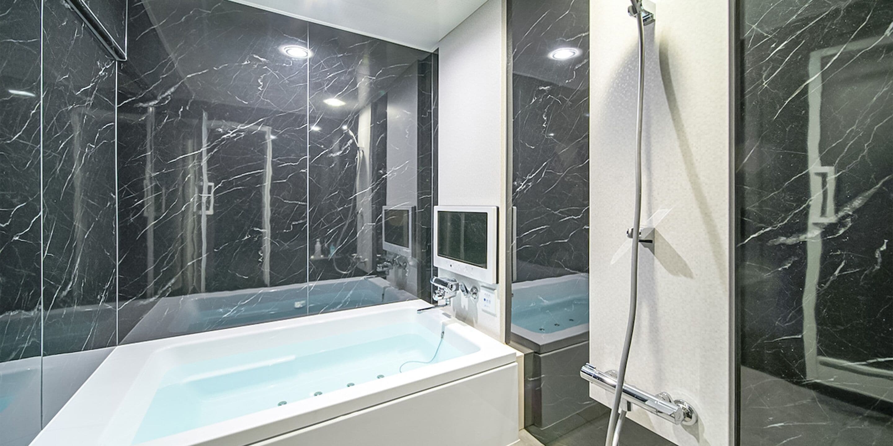separate bathtub and shower, jetted bath, free toiletries, hair dryer