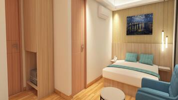 Premium bedding, pillow-top beds, desk, blackout curtains