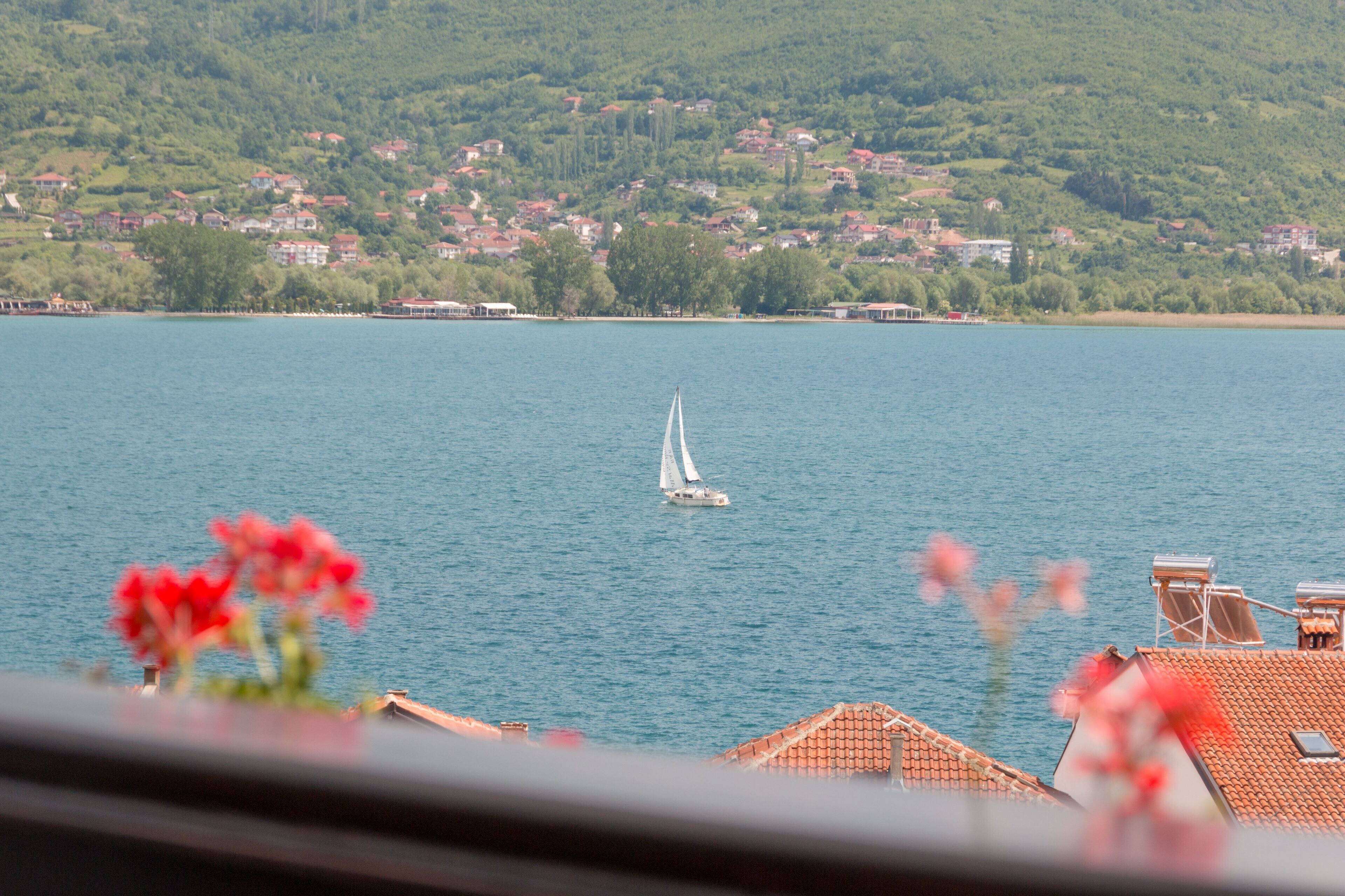 Un lago con un velero, rodeado de casas y vegetación.