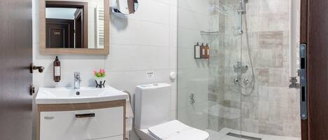 A modern bathroom with a glass-enclosed shower, a toilet, and a vanity with a mirror.