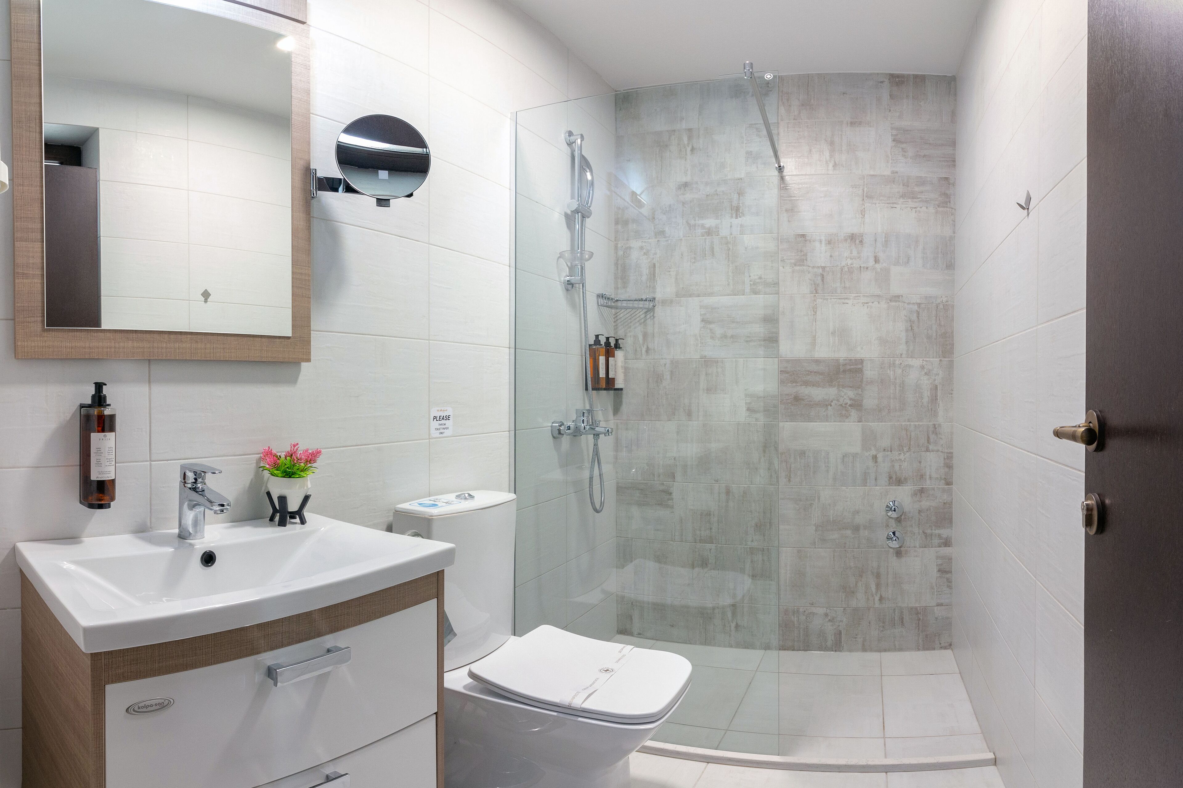 A modern bathroom with a glass-enclosed shower, a white sink, and a toilet.