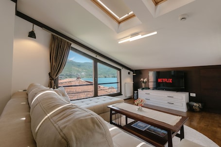 Panoramic Penthouse | Living room | 42-inch LED TV with cable channels, TV, books. Villa Varosh
