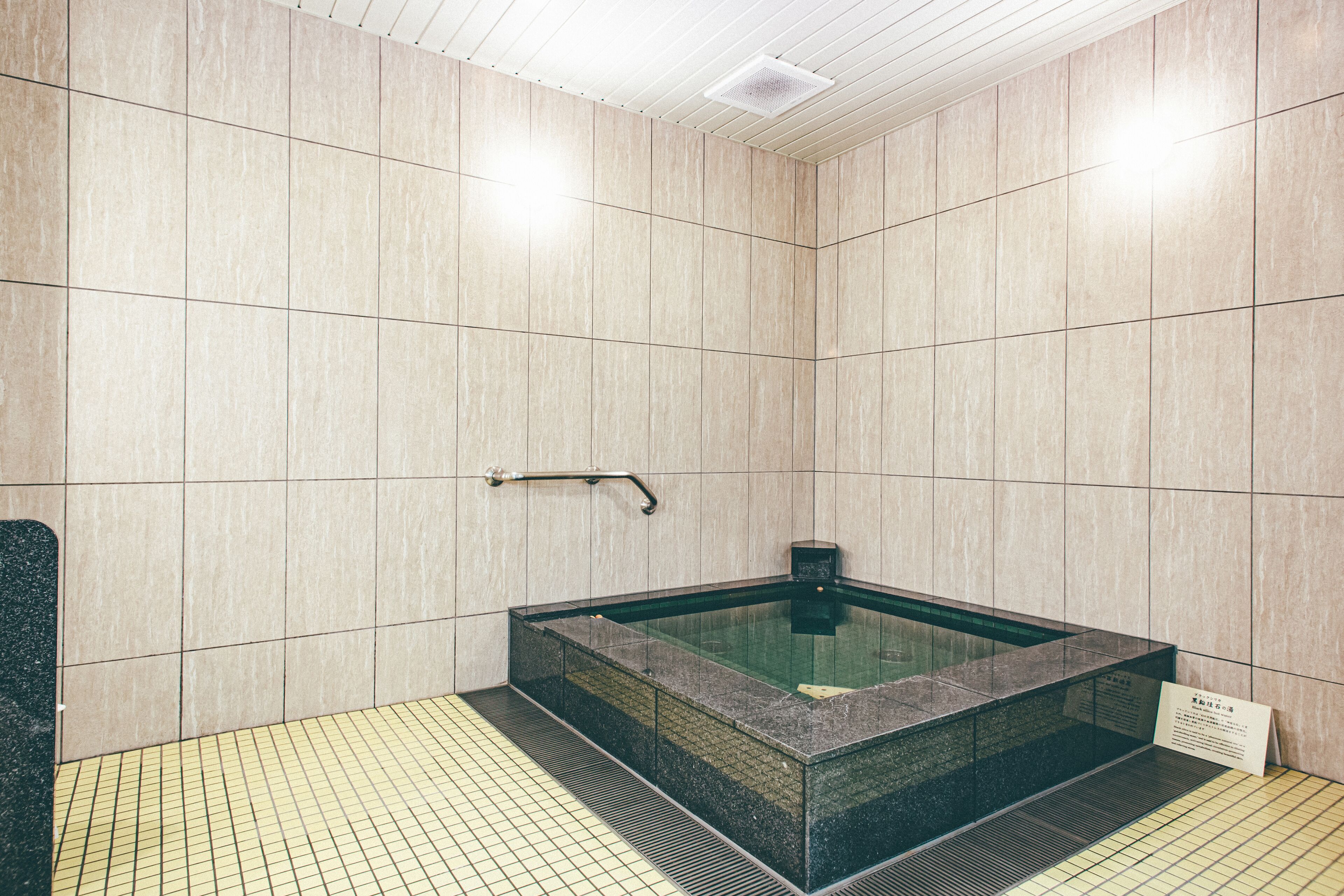 A modern bathroom with a glass-enclosed bathtub, tiled walls, and a handrail.