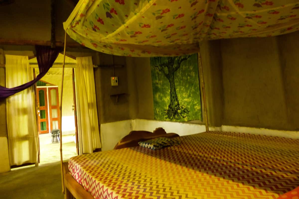 A room with a bed, a hanging canopy, a door, and a wall with a tree painting.