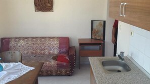 Departamento, 1 habitación | Cocineta privada | Refrigerador y utensilios de cocina 