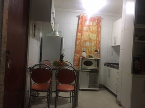 Fridge, microwave, cookware/dishes/utensils