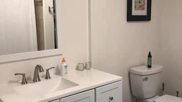 Combined shower/tub, hair dryer, towels, soap