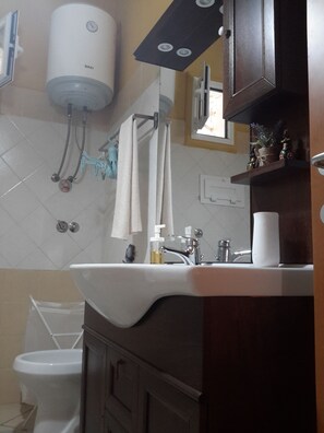 Chuveiro, secador de cabelo, bidê, toalhas de banho