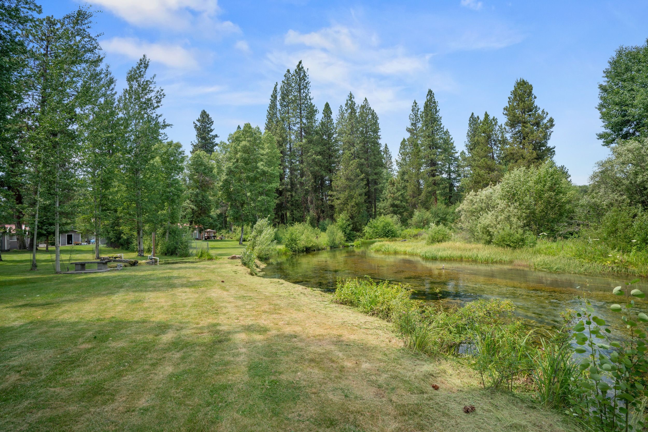 A serene park with a pond, surrounded by tall trees and a well-maintained lawn.