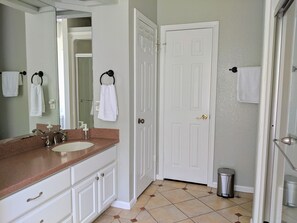 Bathtub, hair dryer, towels, soap