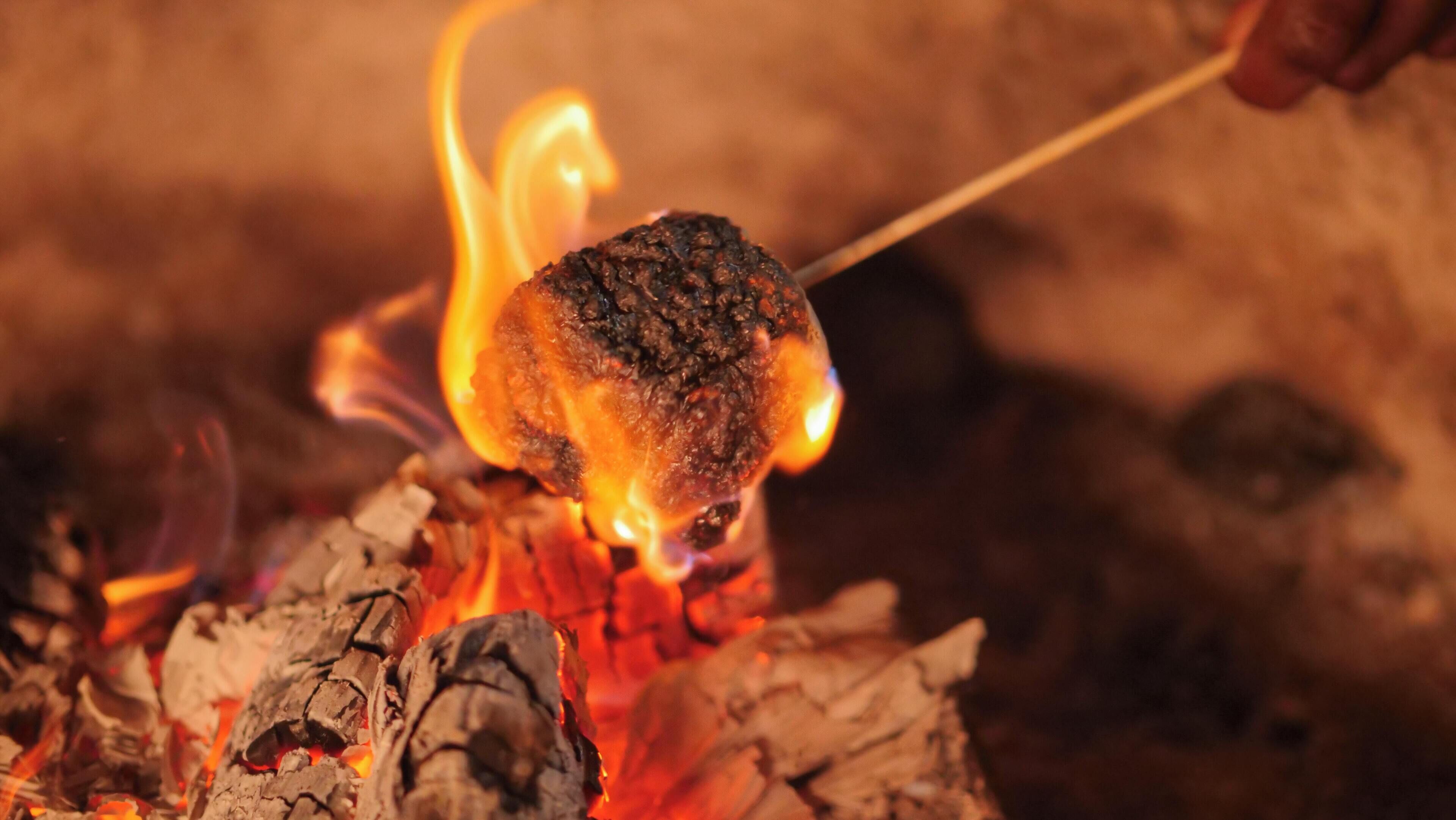 A close-up of a piece of food being roasted over an open flame.