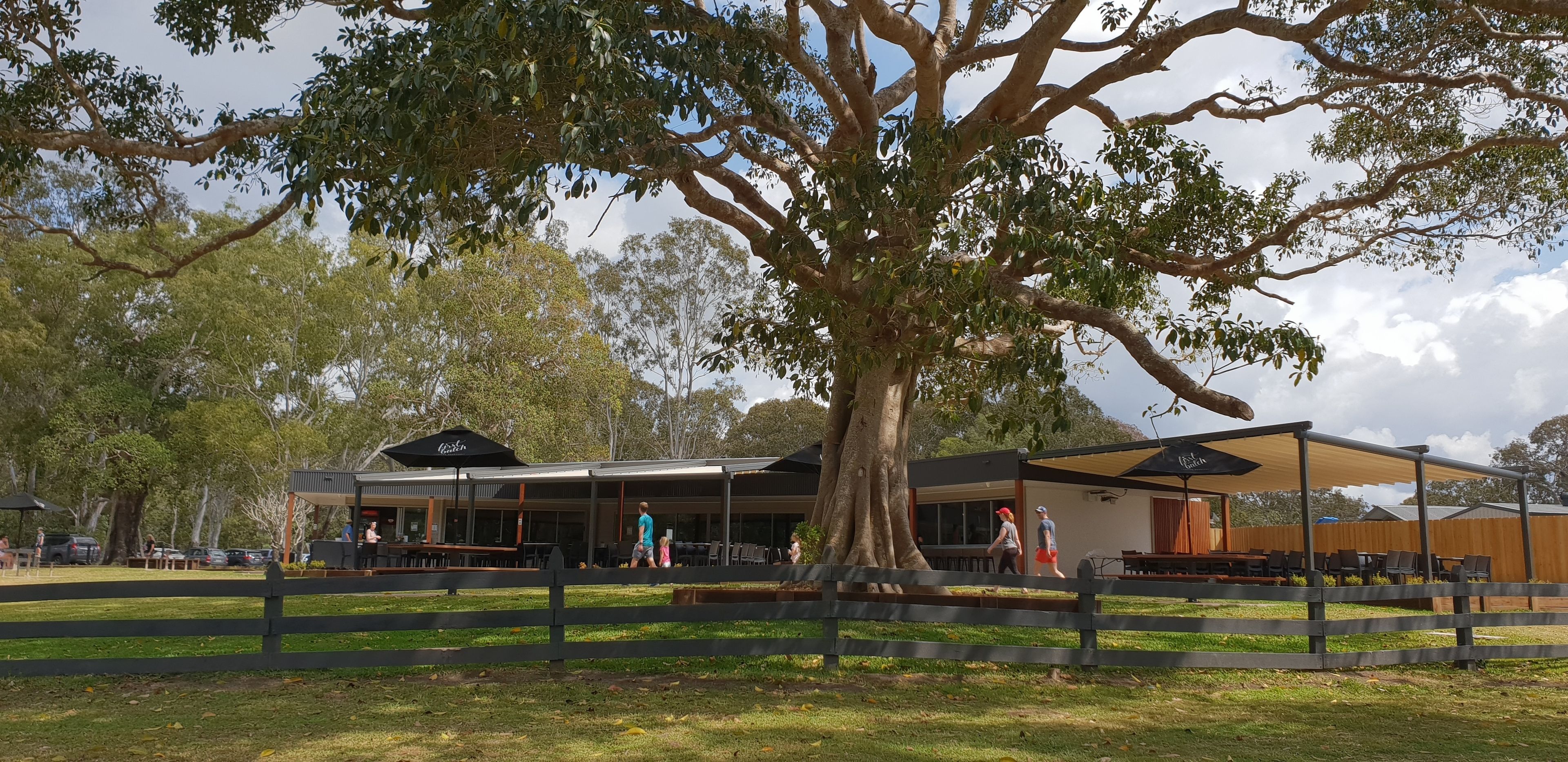 A restaurant with outdoor seating, a large tree, and a wooden fence.