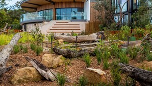 A modern house with a curved glass facade, wooden exterior, and a landscaped garden with rocks and plants. - Wildlife Retreat at Taronga (Mosman)