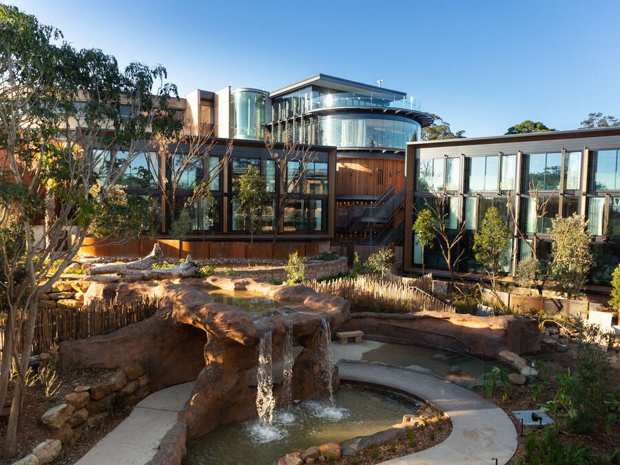 A modern building with a glass facade, a landscaped garden with a water feature, and a wooden deck.