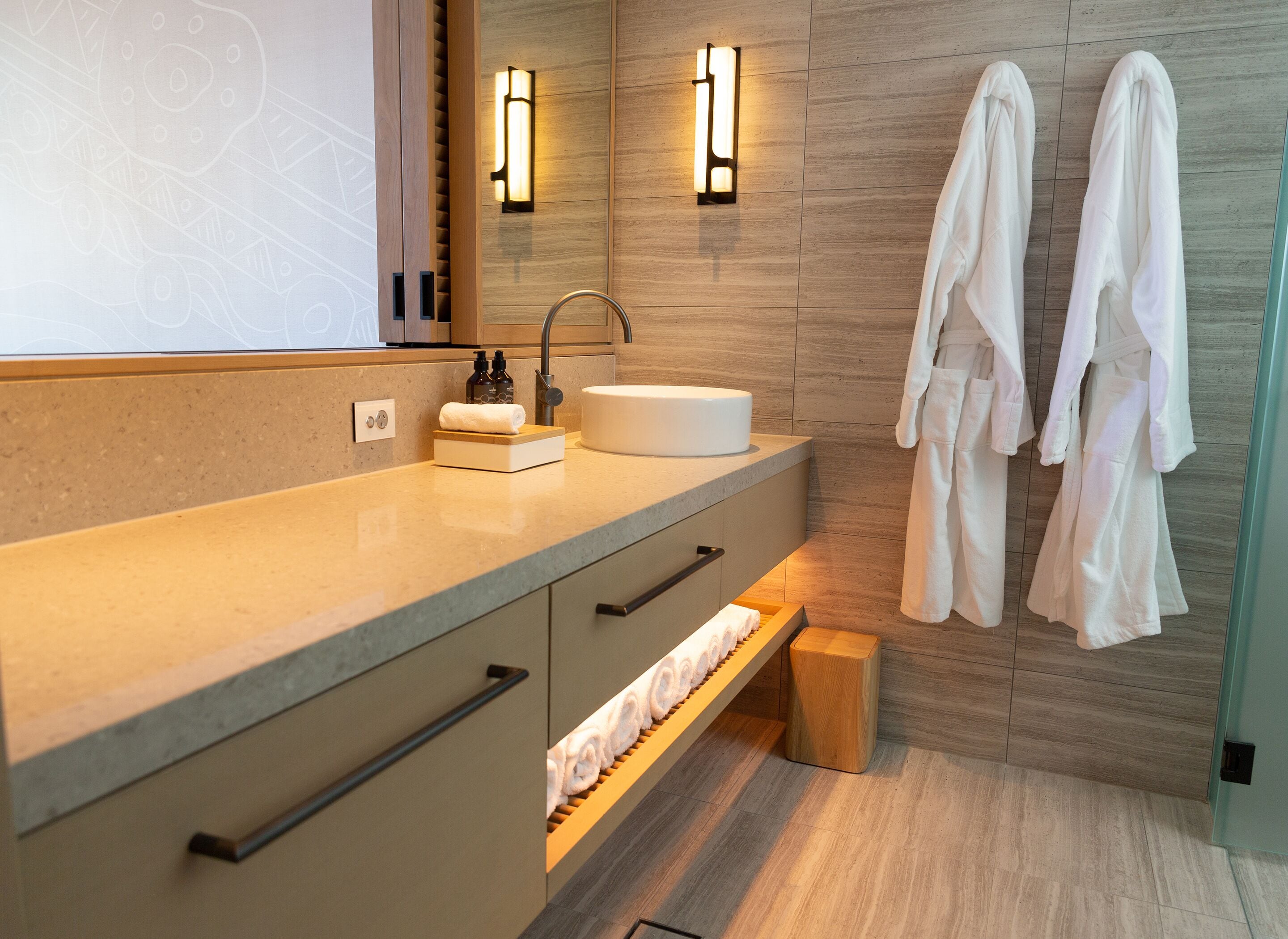 shower, rainfall showerhead, hair dryer, bathrobes