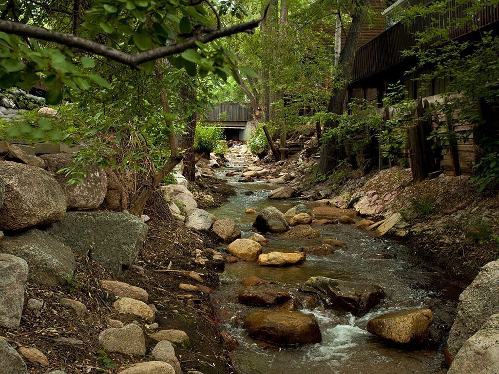 A narrow stream with rocks and trees, a wooden bridge, and a building with a sloped roof.