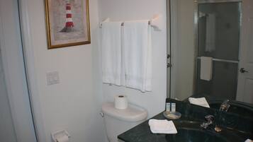 A bathroom with a toilet, a sink with a mirror, and a framed picture on the wall.