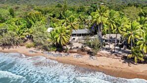 Une propriété située en bord de mer, avec une maison entourée de palmiers, une plage de sable et les vagues de l’océan.