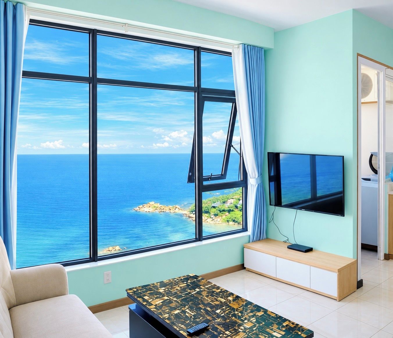 Ein Zimmer mit großem Fenster und Meerblick, einem Flachbildfernseher, einem Sofa und einem Couchtisch.