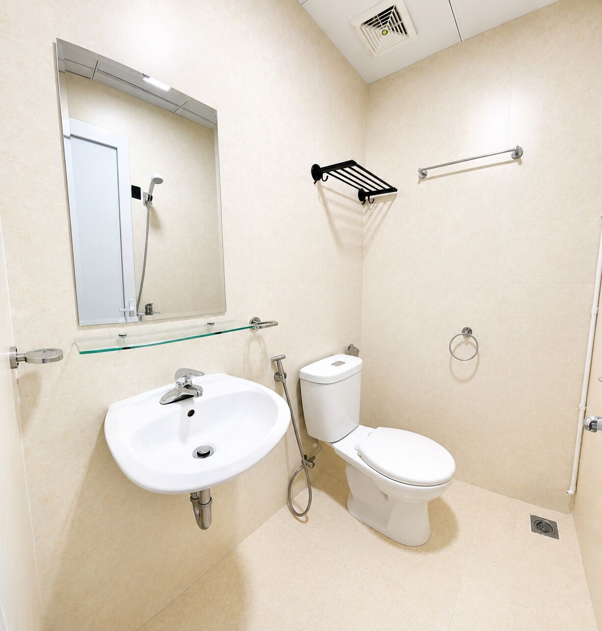 A bathroom with a white sink, toilet, and glass shelf.