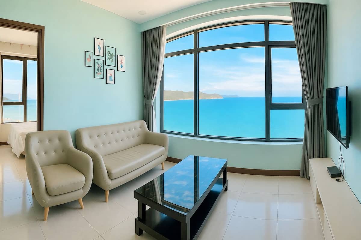 Uma sala de estar com sofá, mesa de centro, TV e janelas amplas com vista para o mar.