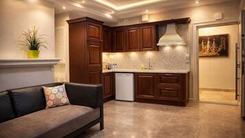 Una cocina moderna con armarios de madera, lavavajillas integrado y un comedor con sofá y planta en maceta.