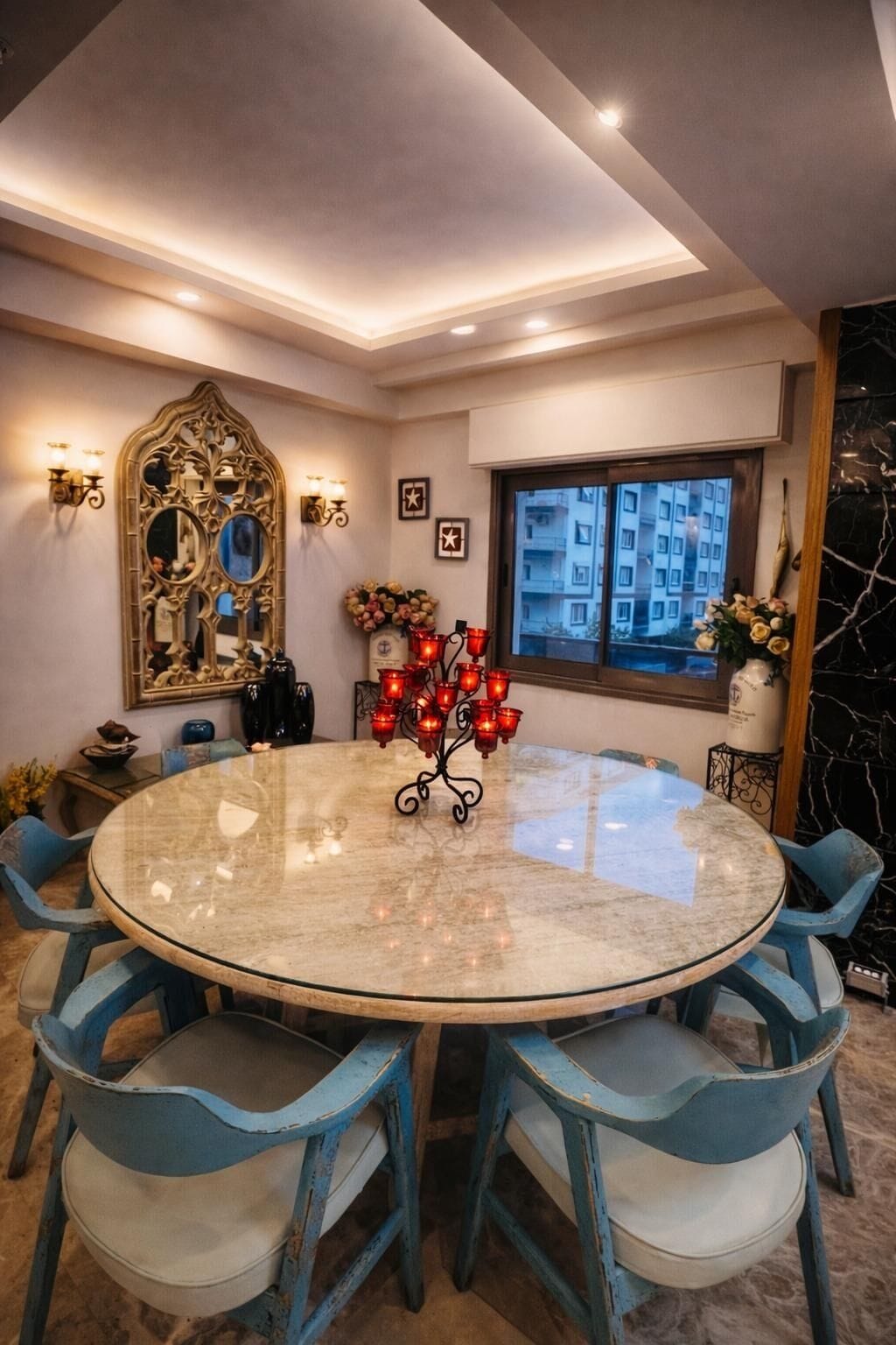 A dining area with a round marble table, blue chairs, wall sconces, and a large mirror.
