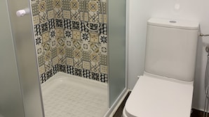 Ein Badezimmer mit Duschkabine, gemusterten Fliesen, Toilette und Duschkopf.