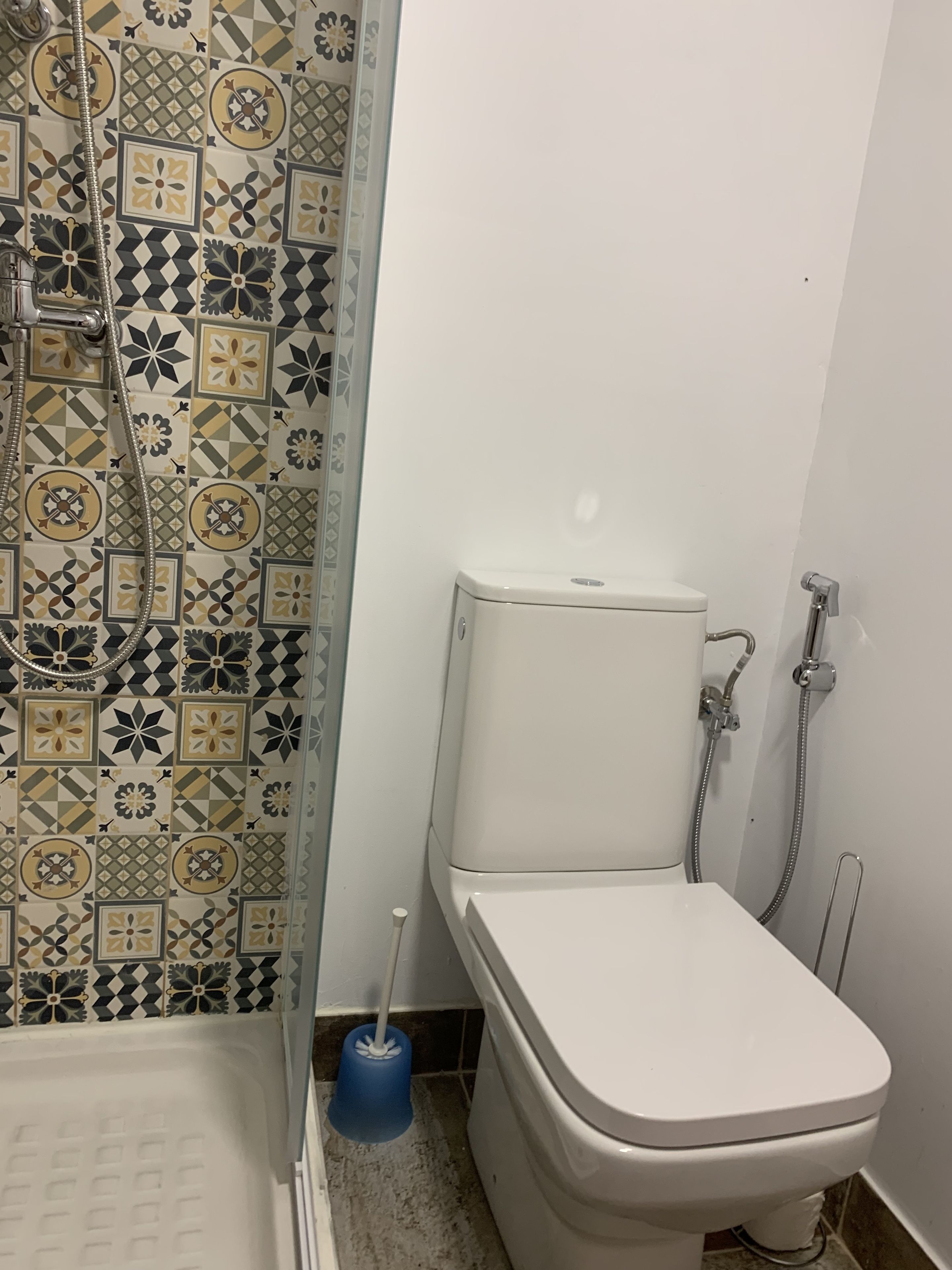 A bathroom with a white toilet, a shower, and a patterned tile wall.