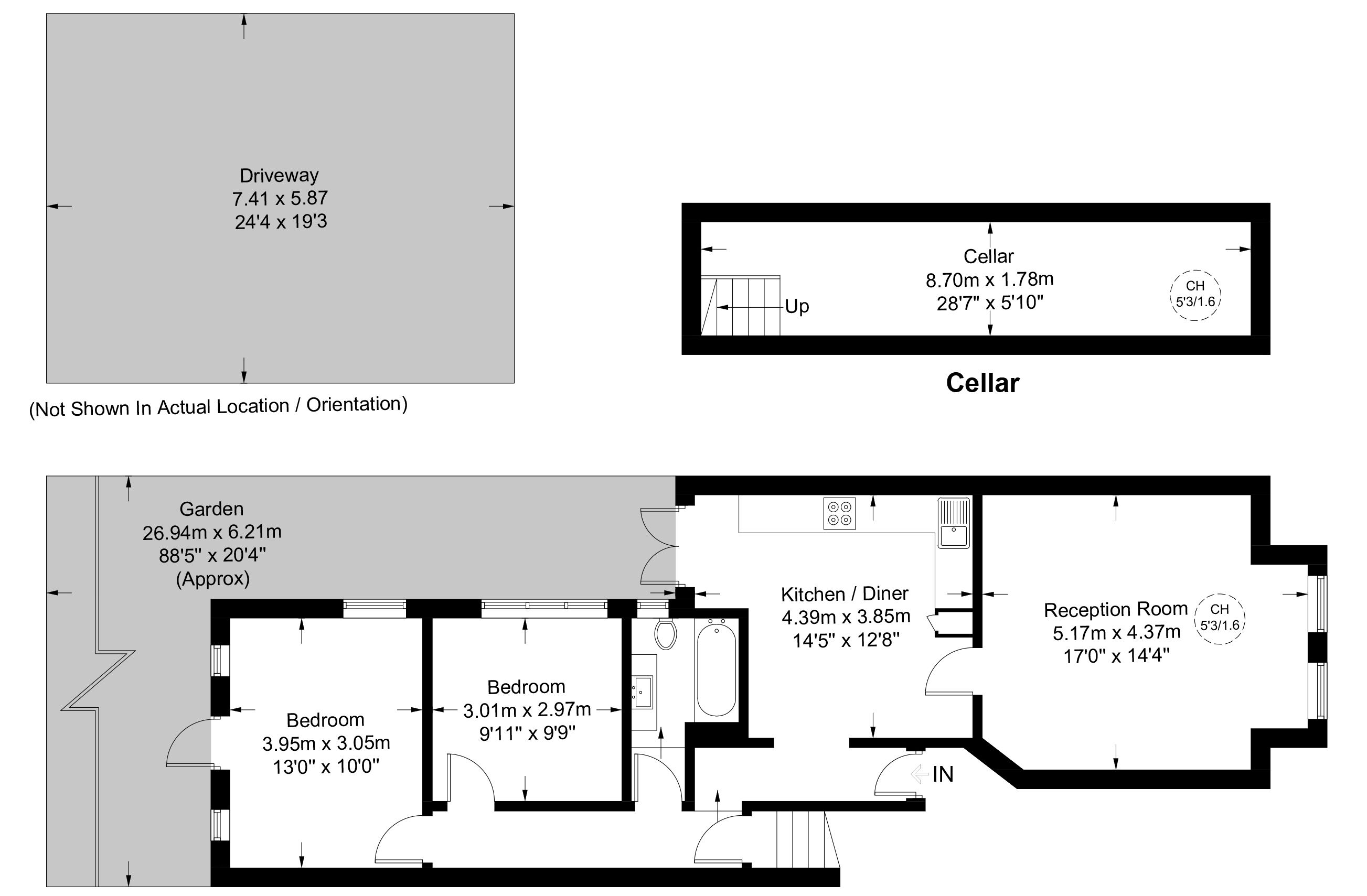 A floor plan of a hotel with a driveway, garden, two bedrooms, a kitchen/diner, and a reception room.