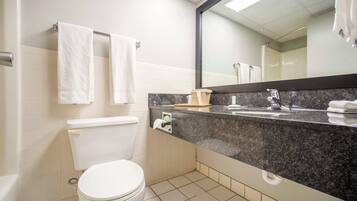 Ein Badezimmer mit Toilette, Waschbecken, Spiegel und Handtuchhalter.
