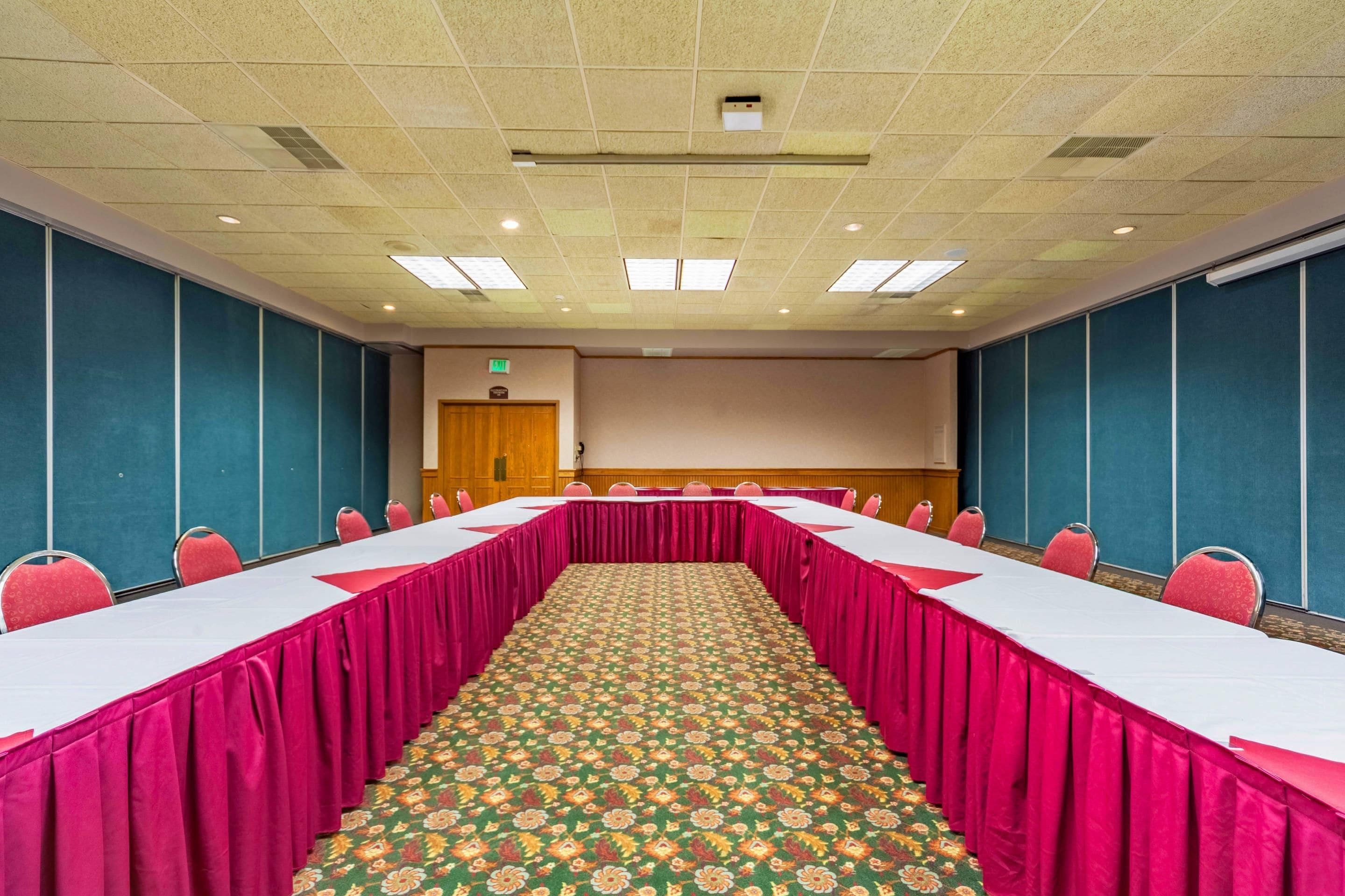 Un salón de conferencias con una mesa larga, sillas y una alfombra estampada.