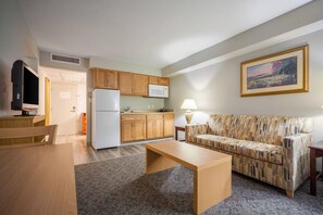 A compact living space with a kitchenette, a sofa, a dining table, and a television.