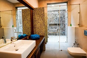 Habitación doble | Baño | Ducha, secador de pelo y toallas
