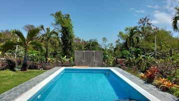 Kolam renang outdoor, dengan payung kolam renang dan kursi berjemur