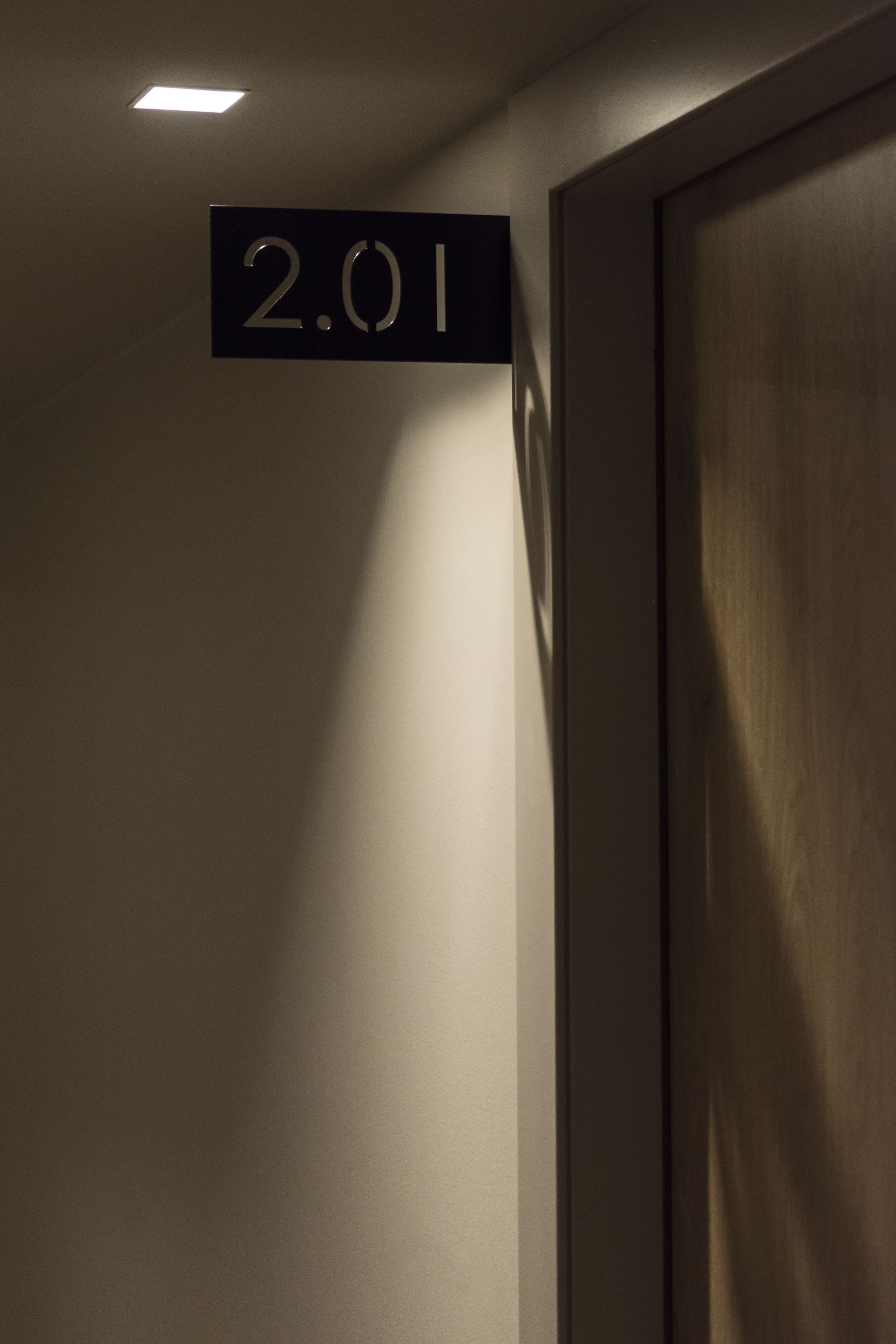 A room number sign '2.01' in a dimly lit hallway with a wooden door on the right.