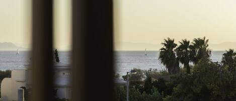 Vista de una zona costera con agua, palmeras y un velero a lo lejos.