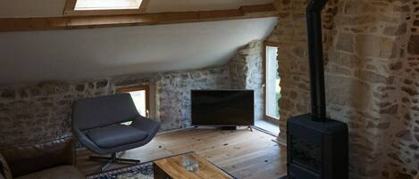 Smart TV, fireplace, video games, DVD player