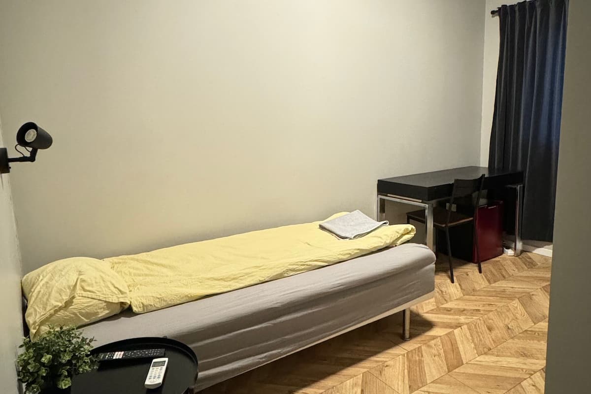 Et lille, enkelt møbleret værelse med en enkelt seng, et lille bord med en plante, et skrivebord og en stol.