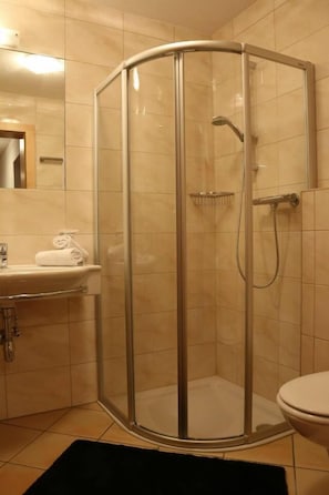 A corner shower with a glass door, a sink with a towel, and a toilet.