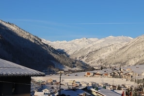 A snow-covered village with houses and a mountain backdrop.