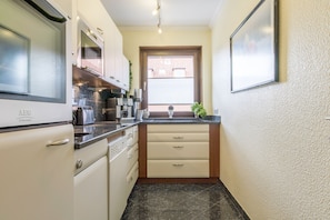 Fridge, microwave, stovetop, electric kettle