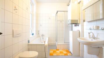 Hair dryer, towels, soap, toilet paper