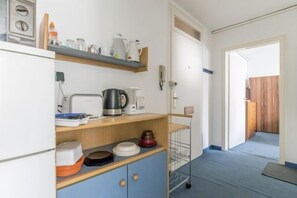 Fridge, microwave, stovetop, electric kettle