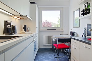 Fridge, microwave, stovetop, electric kettle