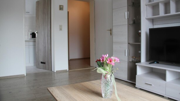 A modern living room with a wooden coffee table, a vase with flowers, a TV on a white entertainment unit, and a door leading to another room. - Hotel Humboldt (Bad Kissingen)