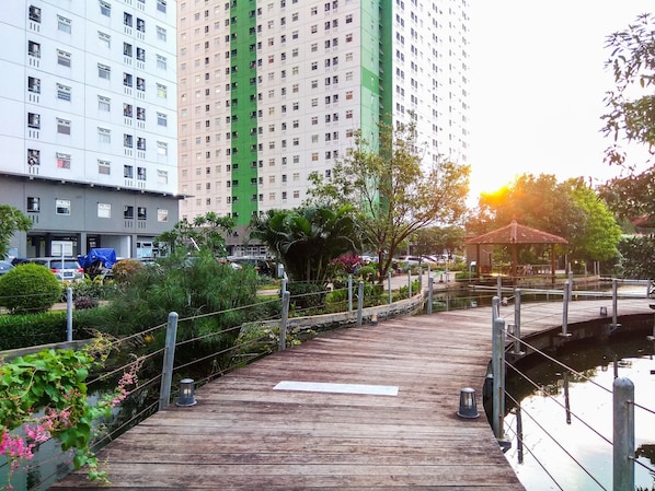 A wooden pathway leading to a water body, surrounded by greenery and a tall building with multiple windows.