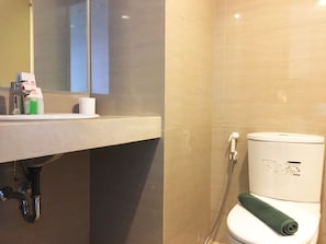 Baño con lavamanos, espejo, inodoro y ducha.