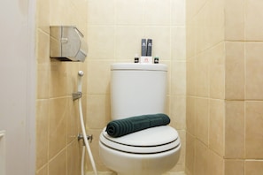 A bathroom with a toilet, a towel, and a toilet paper holder.